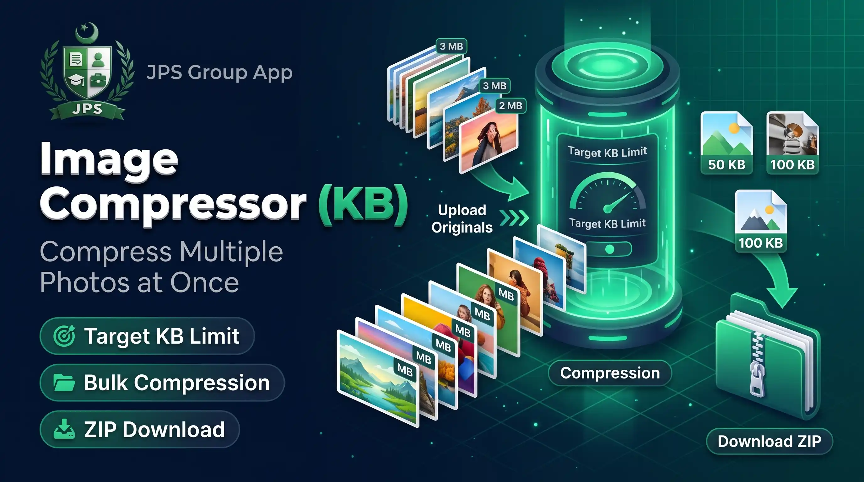 Image compressor reducing photos to a maximum size in KB