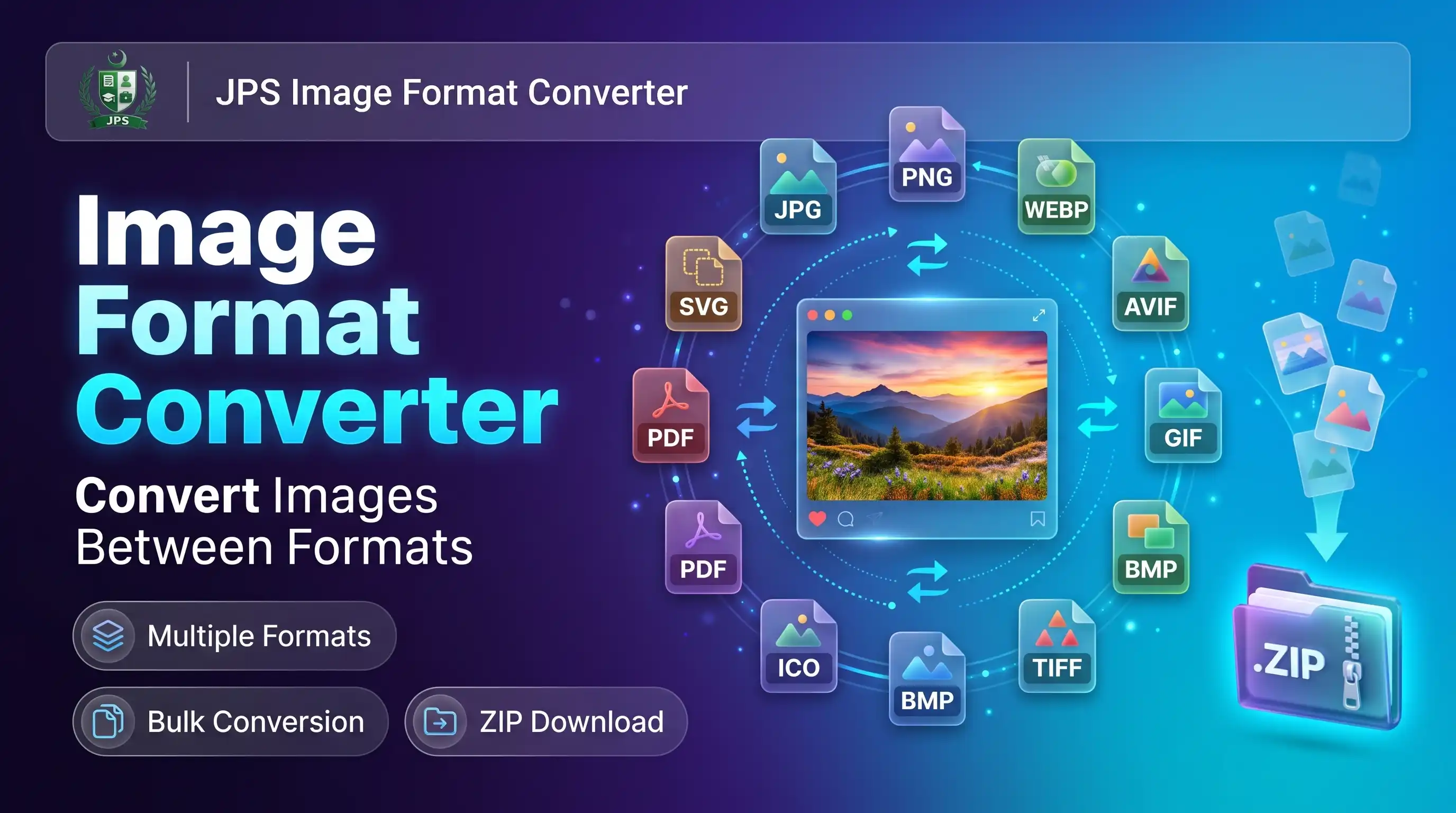 Image format converter for JPG, PNG, WEBP, GIF, BMP, TIFF, ICO, PDF and SVG