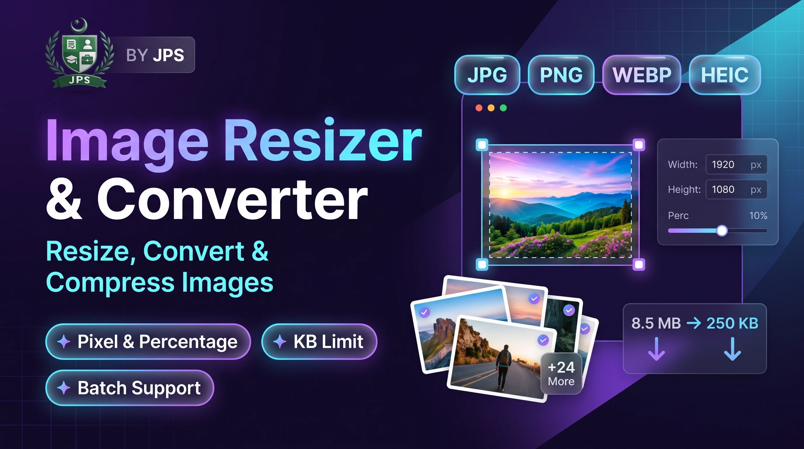 Image resizer and converter showing resize by pixels and KB limit