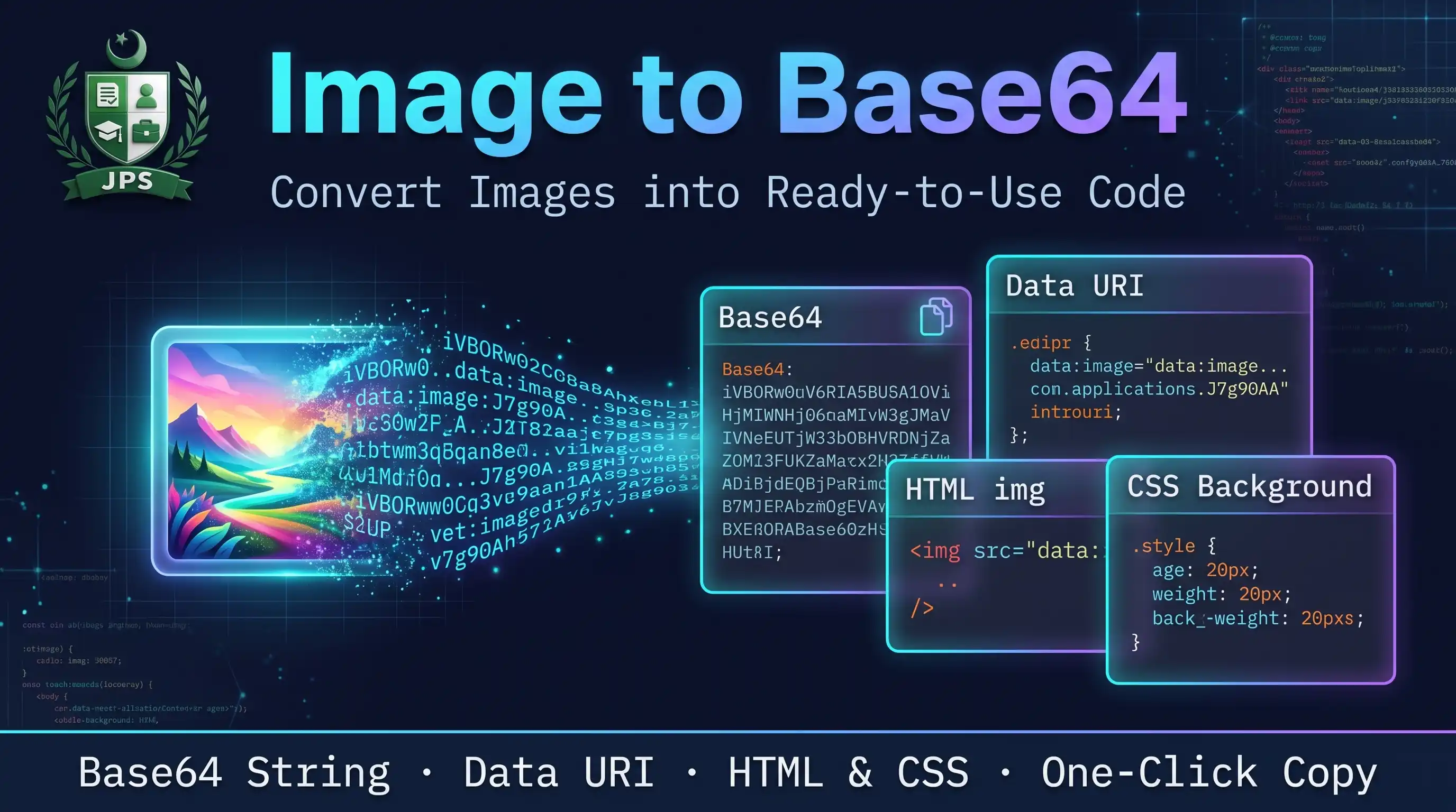Image to Base64 converter showing data URI, HTML and CSS code