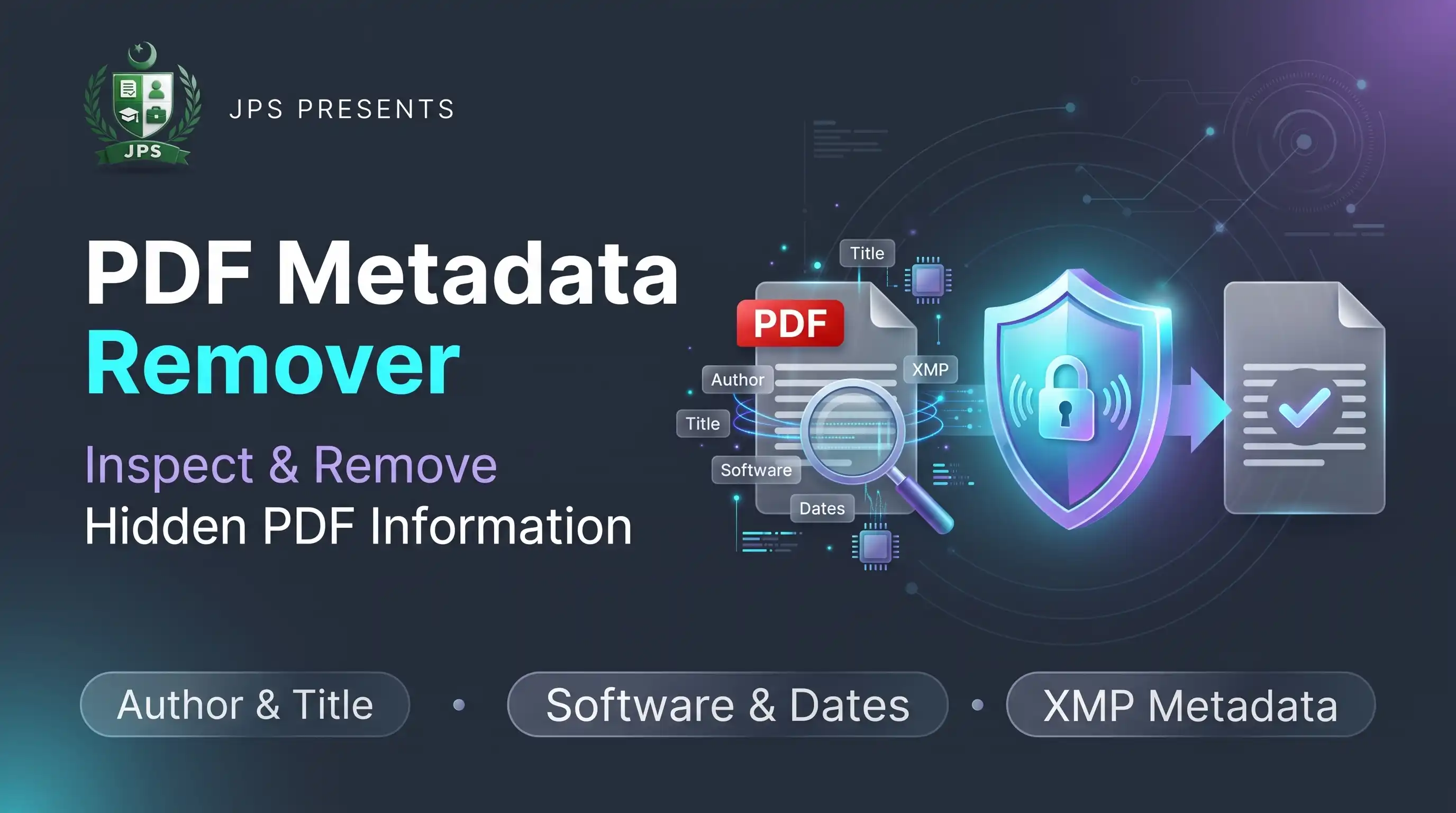 PDF metadata remover showing author, title, software and dates